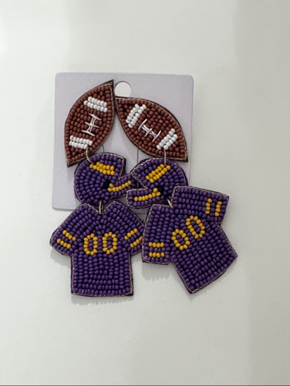 Purple & yellow Beaded Football Jersey Dangle Earrings - LSU colors